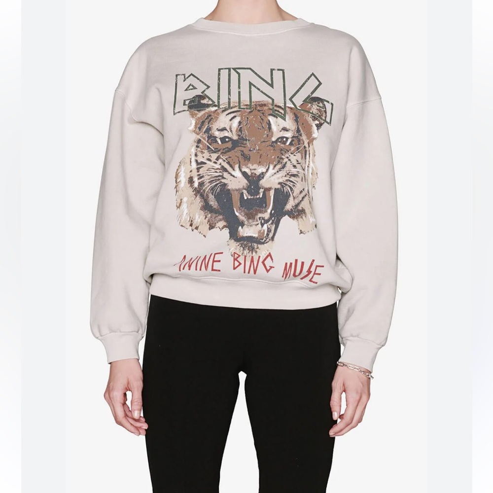 Anine Bing Cream Tiger Graphic Sweatshirt in Stone Size XS **Bottom band was cut